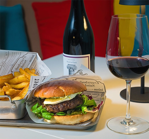 burger fries wine